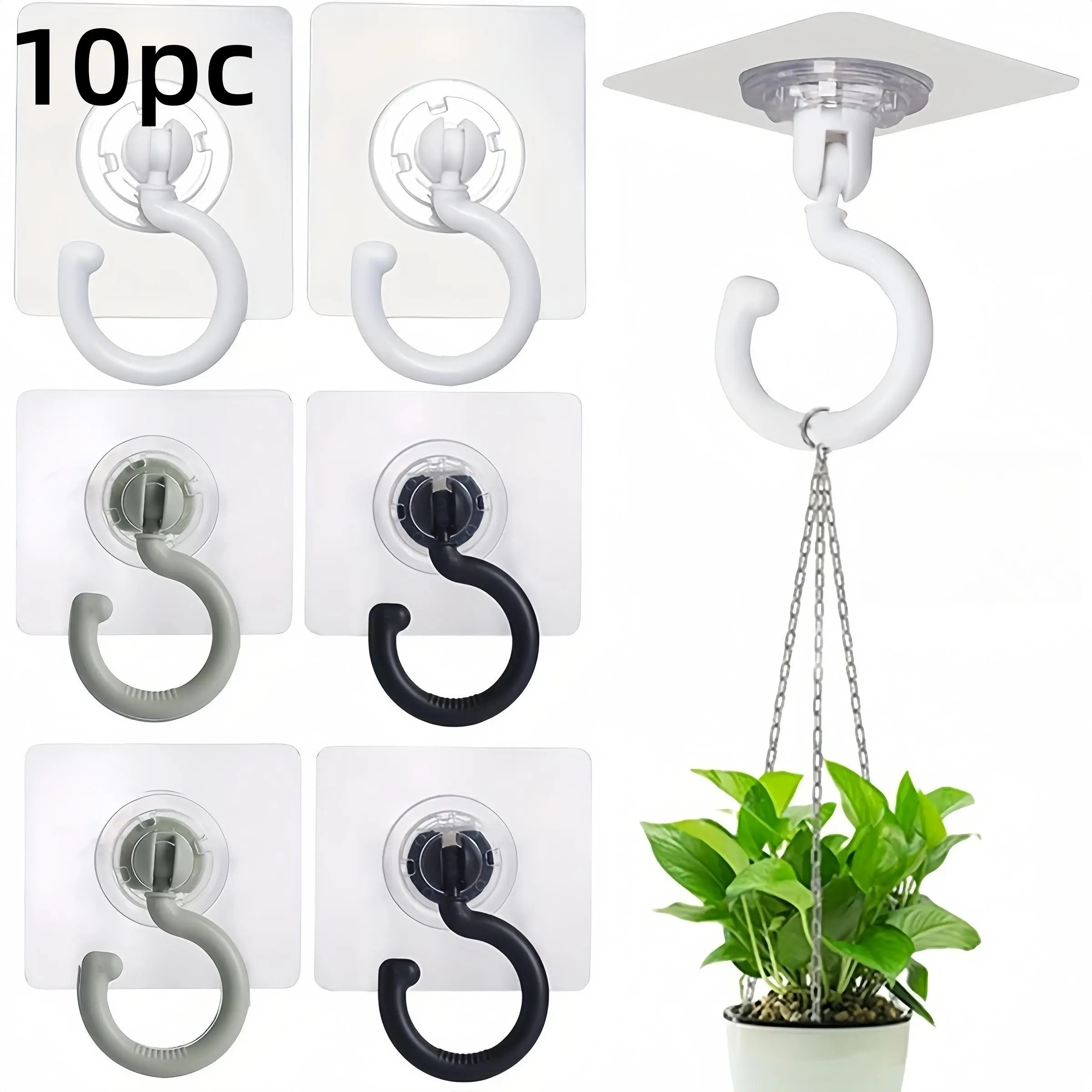 10 Piece Rotatable Sticky Hooks for Wind Chimes, Plants, Ceiling Decor, Decorative Hooks, No Drill Ceiling Hooks, Strong Adhesive Clothes Hangers, Wall Mounted Hook, Hanging Plant Hooks