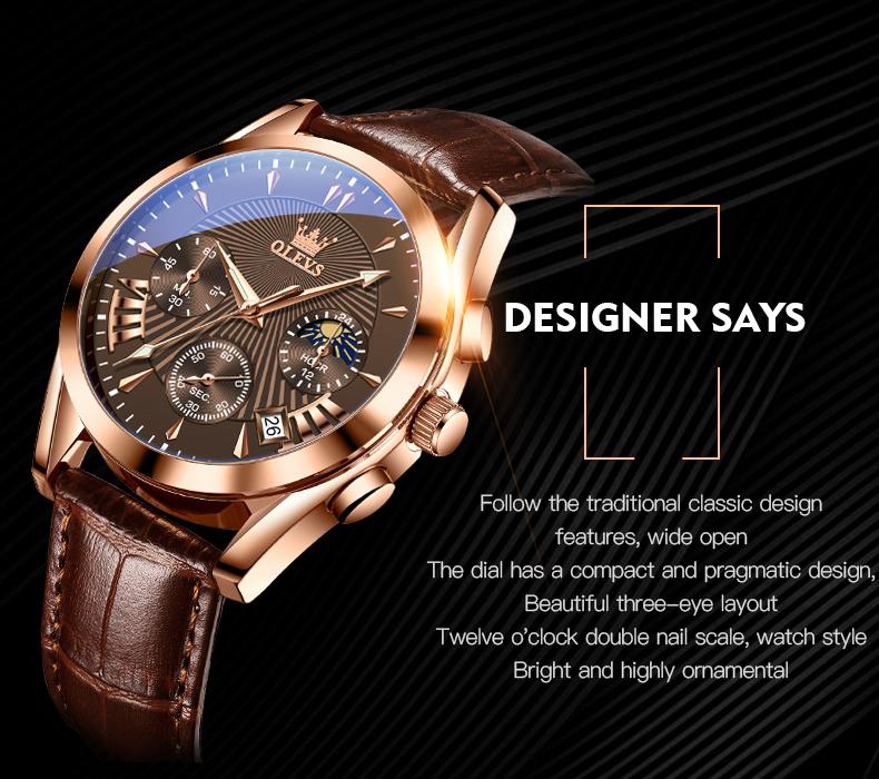 OLEVS Men’s Chronograph Watch Leather Strap Waterproof Quartz Wristwatch with Date Moon Phase Luminous Hands Business Casual Gift for Men 2876