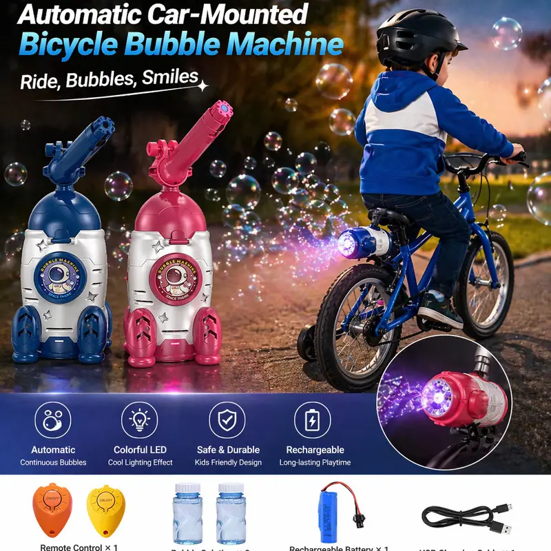 Rocket Bike Bubble Machine [Standard Version] - Pink Unisex Rechargeable Battery-Powered Plastic Car-Mounted Automatic Bubble Maker, Colorful LED Outdoor Blower, Summer Great Gift Idea for Kids