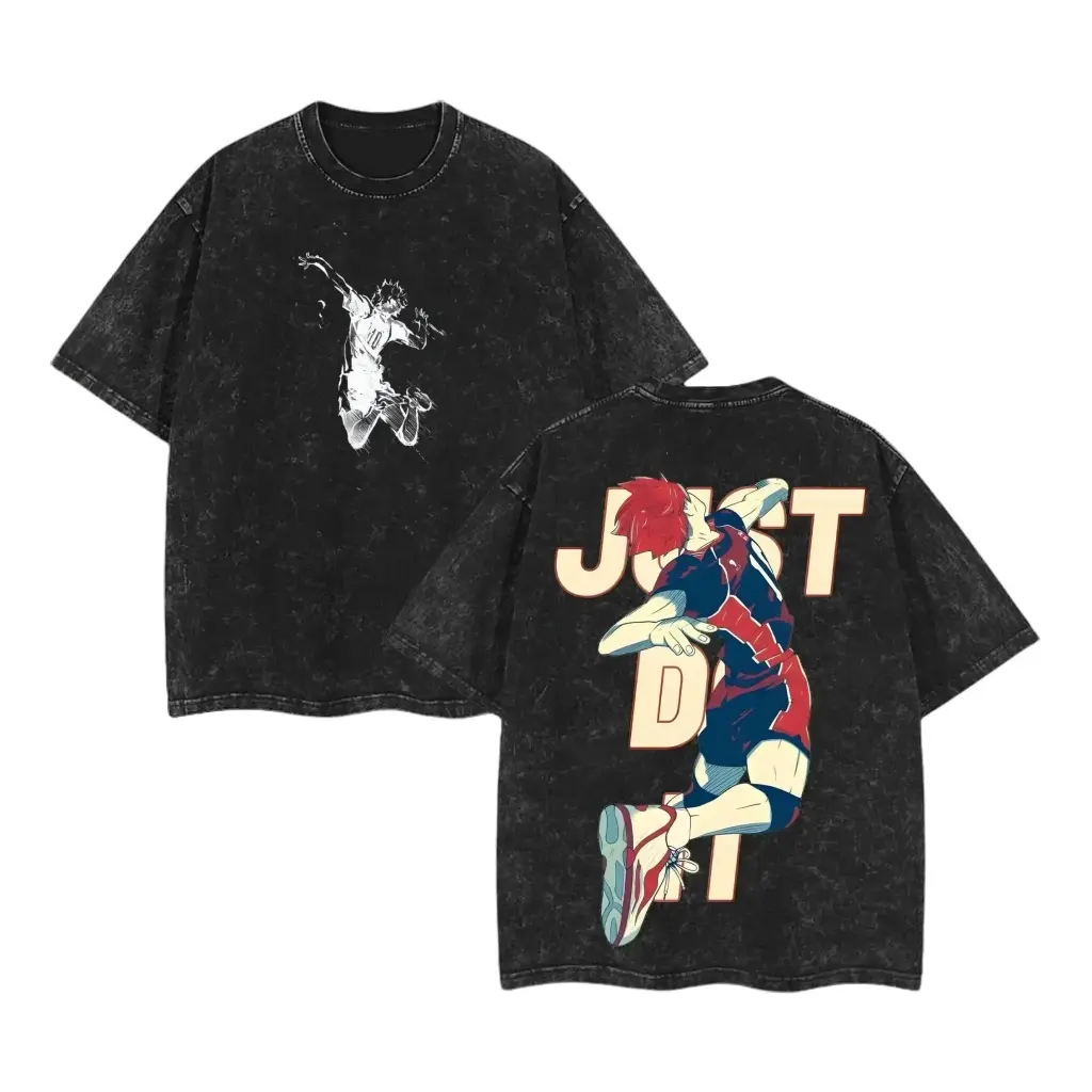 Haikyuu Hinata Vintage Washed Graphic Tee | Heavyweight Cotton Oversized Double-Printed T-Shirt | Unisex Anime Streetwear Tops