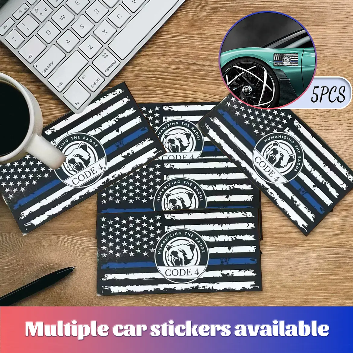 5-Pcs Thin Blue Line Sticker Set, Decorative Car Stickers (Code 4, 6"x3" Compact) - Easy Application, Law Enforcement Support, Home Ornaments & Crafts Inclusions, Decorative Stickers