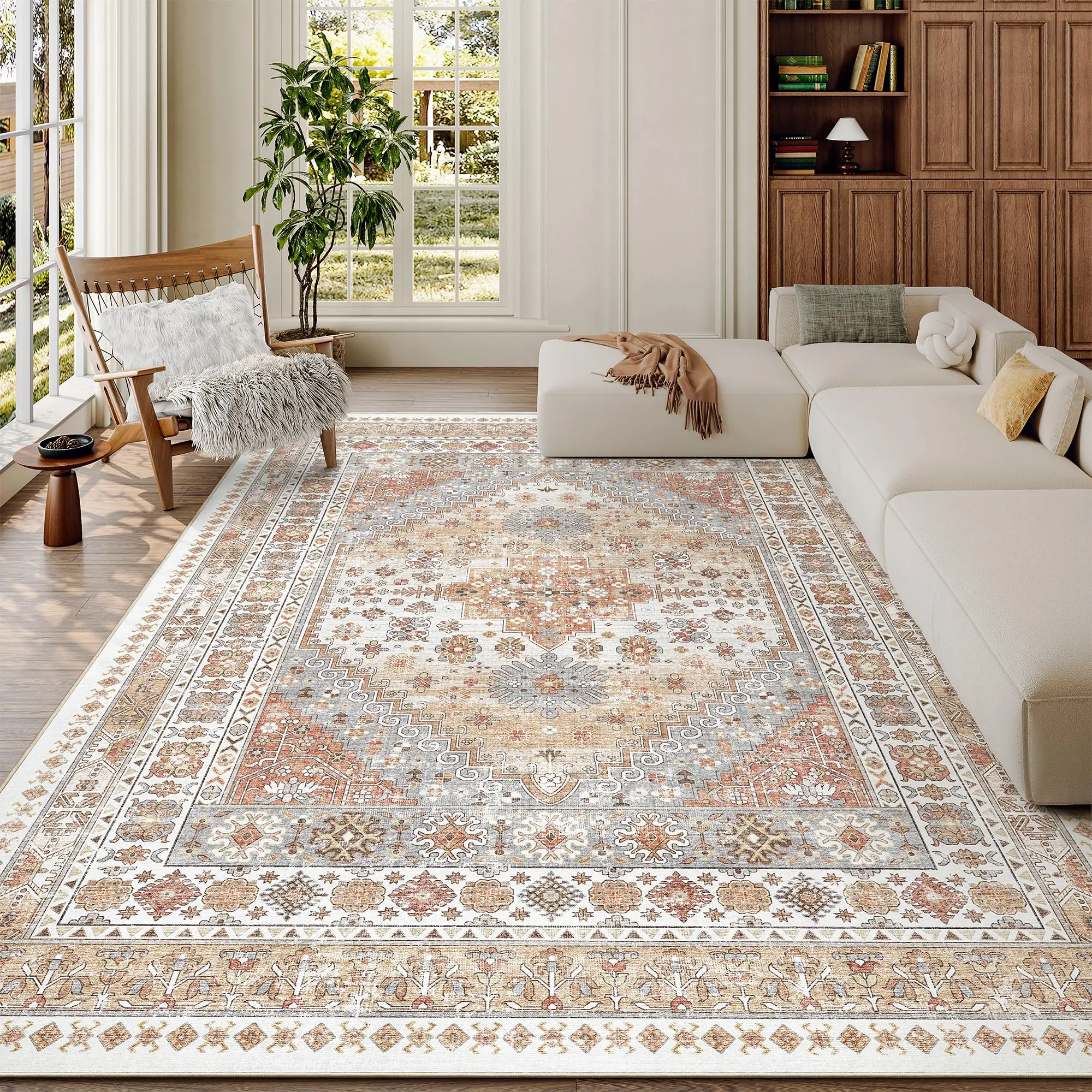 Area Rugs for Living Room 8x10, Non-Slip Backing Washable Rugs, Vintage Large Area Rug, Stain Resistant Home Decor Rug