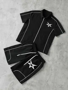Stars Pattern Casual Set Short Sleeve Zipper Shirt + Gym Shorts Two-Piece Set, Breathable Comfort Spring Summer Daily Wear