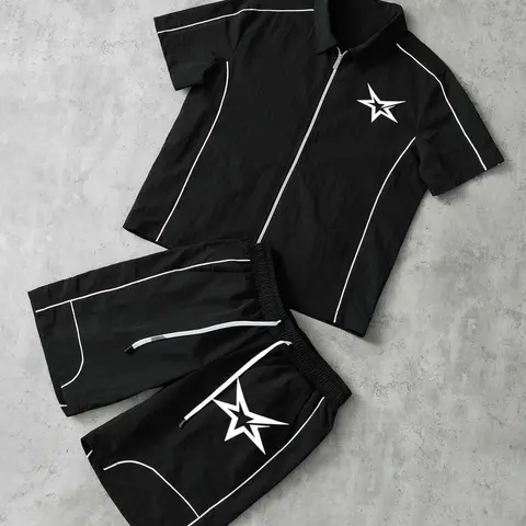 Stars Pattern Casual Outfits Set, Short Sleeve Zipper Shirt + Gym Shorts, Breathable Comfort, Spring Summer Daily Wear, Trendy Star Print Design