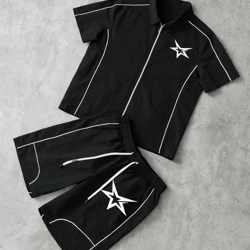 Stars Pattern Casual Outfits Set, Short Sleeve Zipper Shirt + Gym Shorts, Breathable Comfort, Spring Summer Daily Wear, Trendy Star Print Design