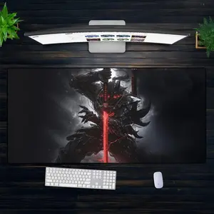 Dark Samurai Mouse Pad, Black Armored Warrior Desk Mat With Red Blade, Gothic Gaming Setup Decor, Large Epic Anime Mousepad