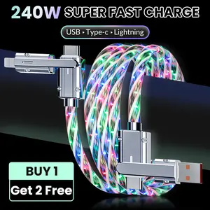 2-in-1 240W RGB Flowing Light Fast Charging Cable, Zinc Alloy Rotatable Multi-Interface Cord, Compatible with iPhone Android, Luminous USB Type-C Lightning Charger