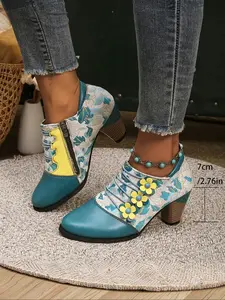 Women's Vintage Embroidered Ankle Boots, Sexy High Heel Boots, PU Leather, Fall & Winter Fashion, New Style Cowboy Design, Western Embroidered Boots
