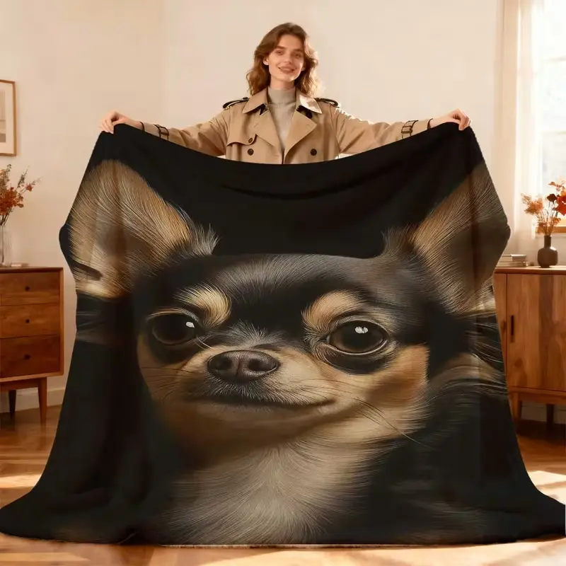 Chihuahua Dog Face Black Flannel Throw Blanket, Soft Fuzzy Plush Blanket for Couch Bed Sofa, All Season Cozy Warm, Great Gift for Dog Lovers Pet Owners, Cute Animal Portrait Aesthetic Bedroom Living Room Home Decor