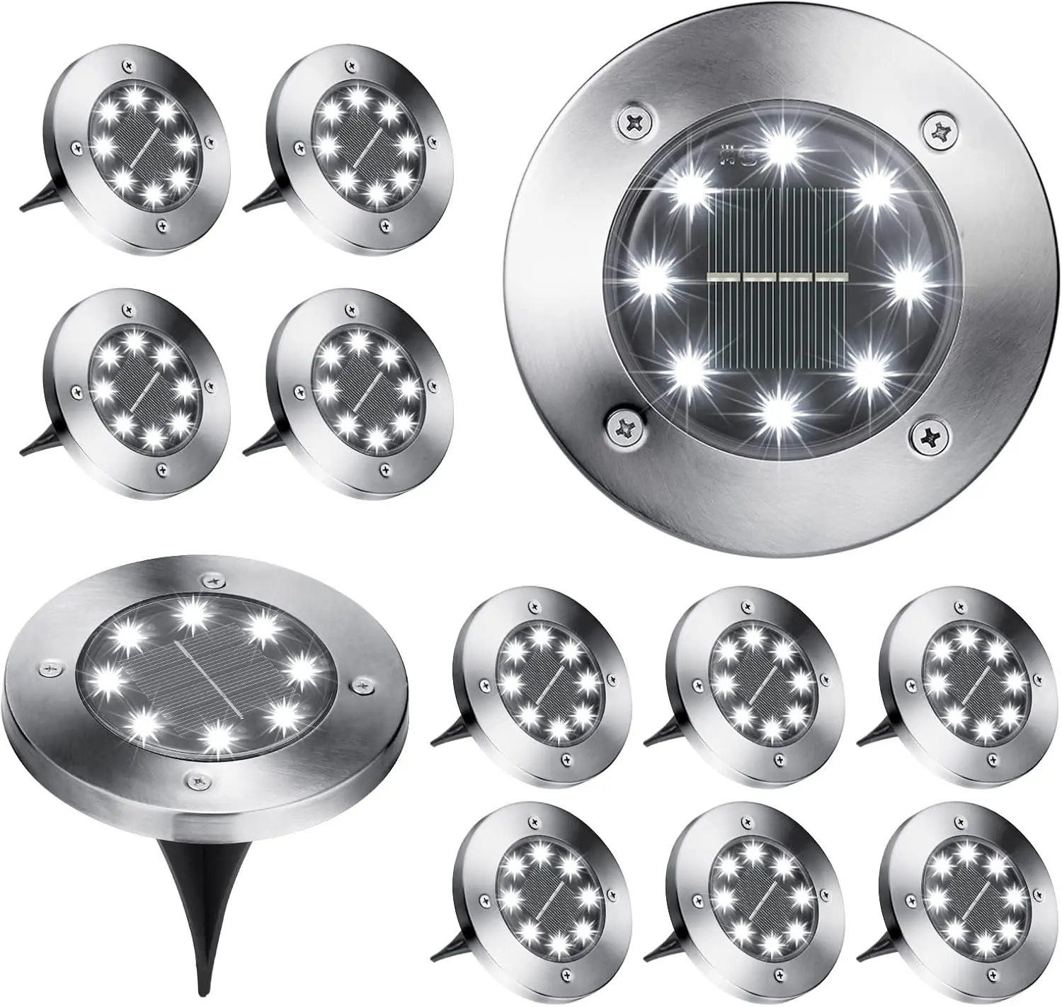 Solar Ground Lights, 12 Pack 8 LED In-Ground Lights,  Solar Disk Light Garden Lighting Outdoor Landscape Lighting Disc Light for Pathway Lawn Yard Driveway Walkway, Cool White