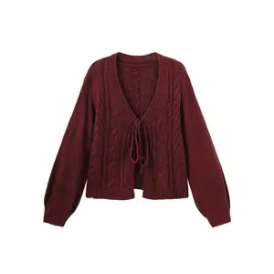 Women's Cozy Maroon Cable Cardigan MP 2798858 Acrylic Knitwear V-Neck Lantern Sleeves Drawstring Detail Short Length Fall Winter Chic Tops