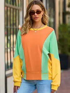 Popvil Contrast Color Stitching Fitted Sweatshirt Women's Round Neck Long Sleeve Tops for Autumn, 2025 Fashion Wear