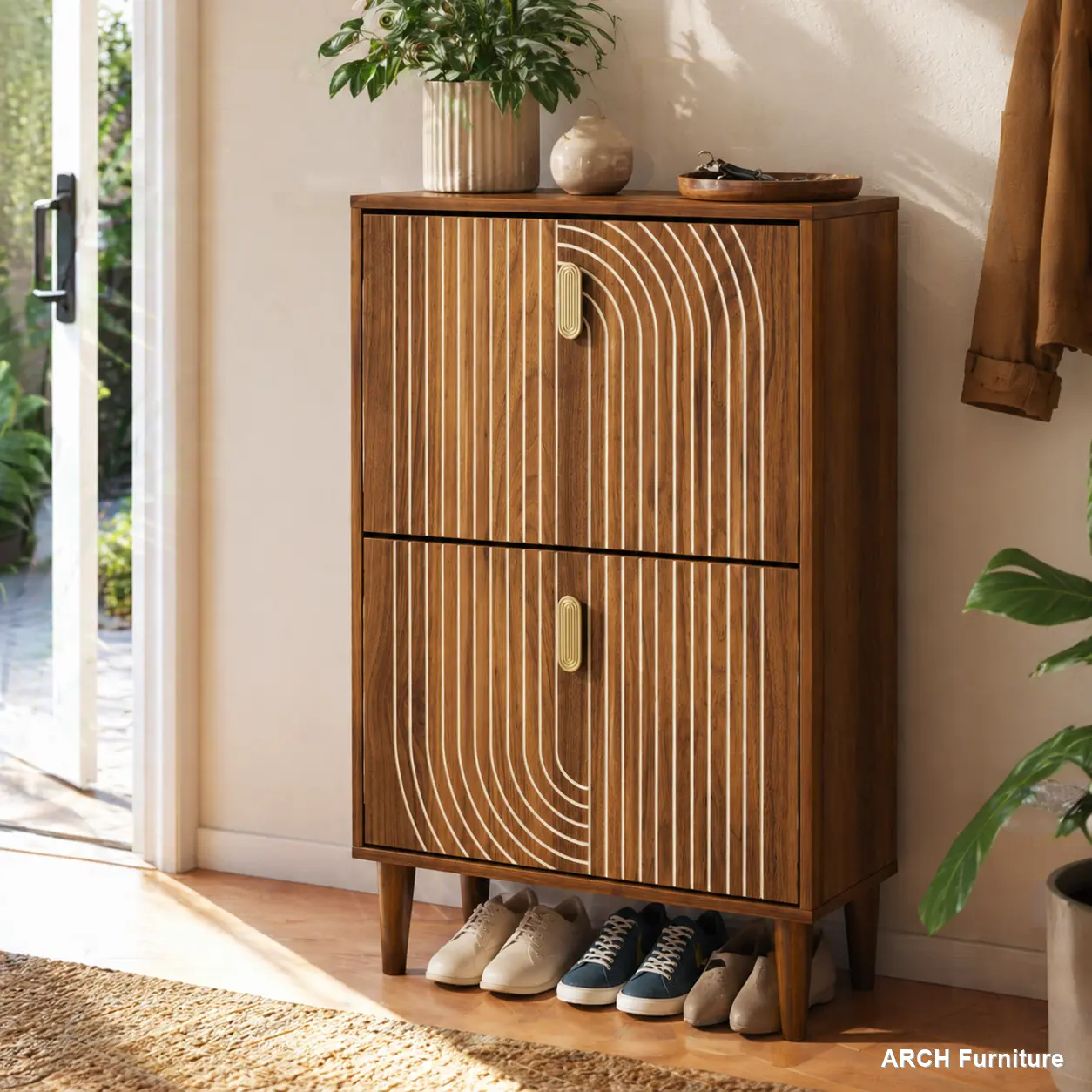 Modern Woody Aesthetic Shoe Storage Cabinet, Adjustable 2-Layered 23.6" Wide Freestanding Organizer with Double-Compartment Flip Doors, Metal Handles & Line Groove Design for Entryway Home Organization, Decor, Space-Saving