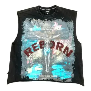 Oversized Heavy Cotton Raw Edge Muscle Tee – Reborn Rhinestone Graphic