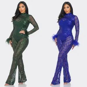 Shaniya Sequin  Mesh Feather Long Sleeve Jumpsuit Womenswear