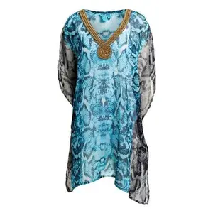 Turquoise Snake Beaded Cannes Caftan One Size Casual Chiffon