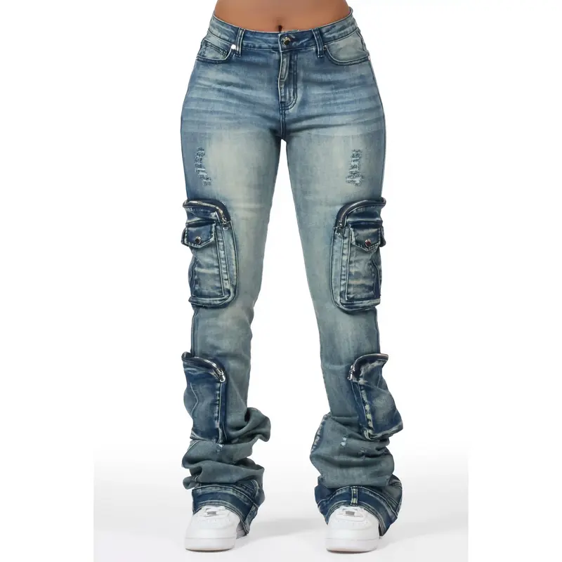Alisson Dark Wash Tinted Cargo Super Stacked Jean