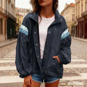 Fisoew Women's Lightweight Windbreaker Jacket with Contrast Patchwork Elastic Cuffs & Adjustable Hem Casual Streetwear Trench Coat Outerwear Clothes Womenswear