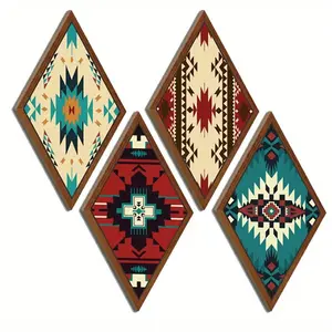 4pcs Retro Boho Farmhouse Wooden Decor (Teal/Red/Black/Brown) Hangable. Adhesive-backed, tool-free & damage-free install. Durable, fits living room/bathroom/stairs. Perfect Xmas/Halloween gifts for home & designers!