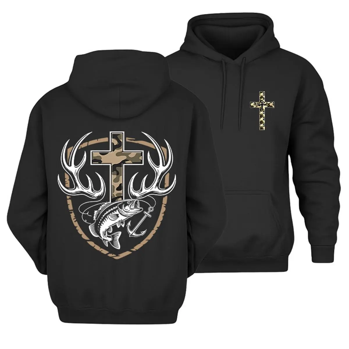 Unisex Faith Hunting Hoodie - Camo Cross, Antlers & Fish Hook Graphic, Christian All-Seasons Pre-Washed Loose-Fitting Pullover, Rustic Outdoor Cozy Faith Apparel, Men's & Women's Long Sleeve Top