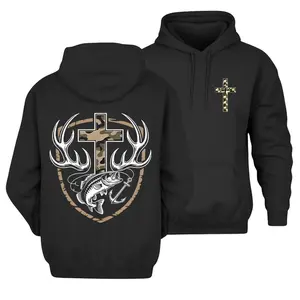 Unisex Faith Hunting Hoodie - Camo Cross, Antlers & Fish Hook Graphic, Christian All-Seasons Pre-Washed Loose-Fitting Pullover, Rustic Outdoor Cozy Faith Apparel, Men's & Women's Long Sleeve Top
