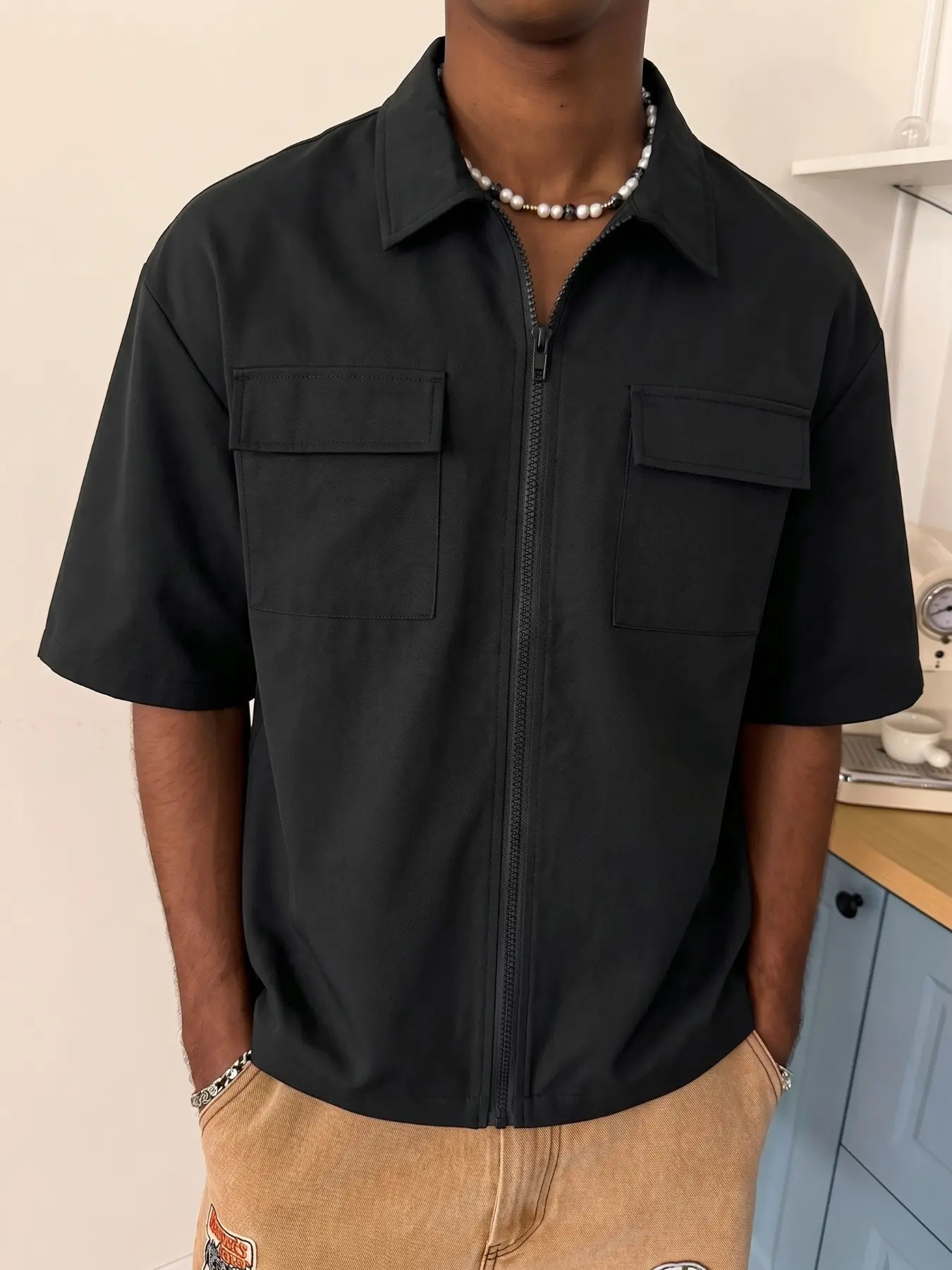 Men's Black Zip-Up Workwear Shirt, Oversized Streetwear Short Sleeve Top, Casual Summer Tops, Casual Collared, with dual chest pockets, sleek collar, and cropped fit, Casual Stylish Clothing, perfect for casual outings, street style, and everyday wear