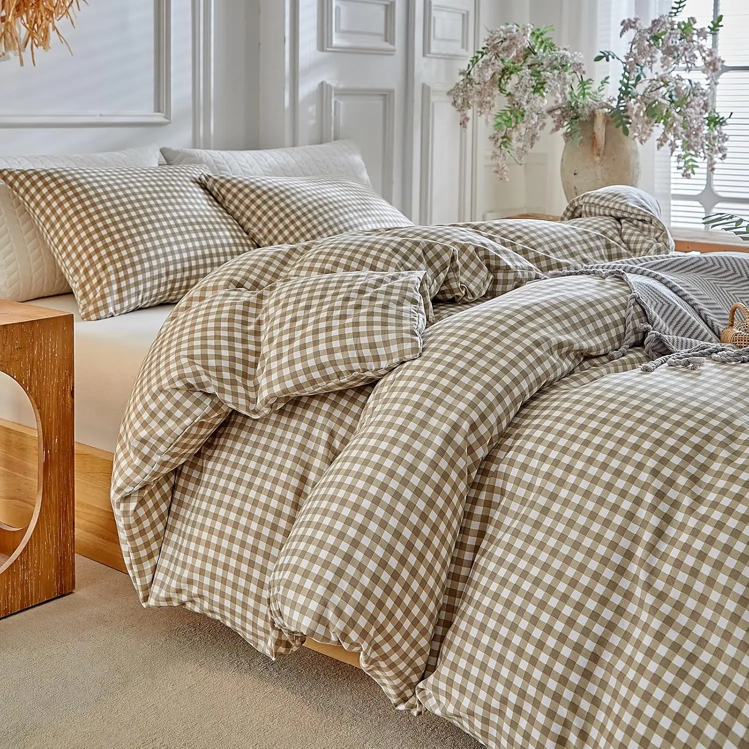 Grid Queen Duvet Cover Set - Tan Gingham Washed Microfiber Comforter Cover Set, 3 Pieces Plaid Checkered Soft Reversible Bedding Set(Tan,Queen)