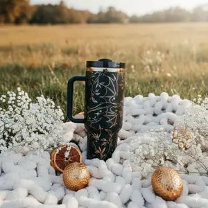 Elegant Botanical Gold Line Tumbler with Handle 40oz, Insulated Stainless Steel Travel Mug, Chic Aesthetic Gift for Her