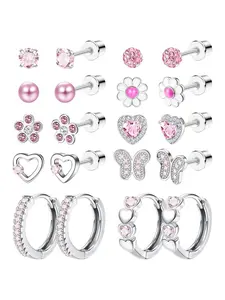 Rhinestone Decor Pretty Studs Earrings Set, Cute Heart & Flower & Butterfly Design Earrings for Women & Girls, Trendy All-match & Exquisite Jewelry for Birthday Gift, Heart Shaped Earrings