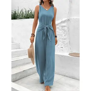 Women's solid color shoulder tied vest, summer casual basic sleeveless V-neck jumpsuit, summer set, women's daily clothingRAIMENTRY