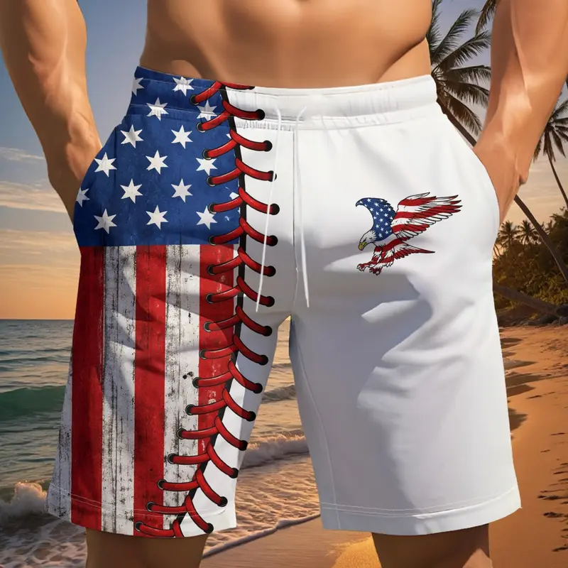 Men's quick-drying Breathable casual wear shorts for summer, Summer Style Shorts, Graphic Loose Shorts, featuring a digital print of the American flag and eagle, are the perfect choice for a beach vacation.