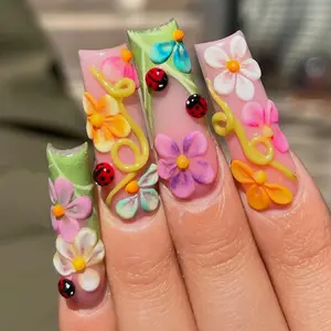 Colorful Garden Ladybug Press On Nails | 3D Pastel Flower Nails | Cute Spring with Ladybugs | Handmade Garden Nails | Long Square