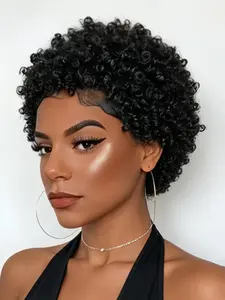 Chic Pixie Cut Curly Human Hair Wig for Women Short Layered Pixie Wigs with Bangs