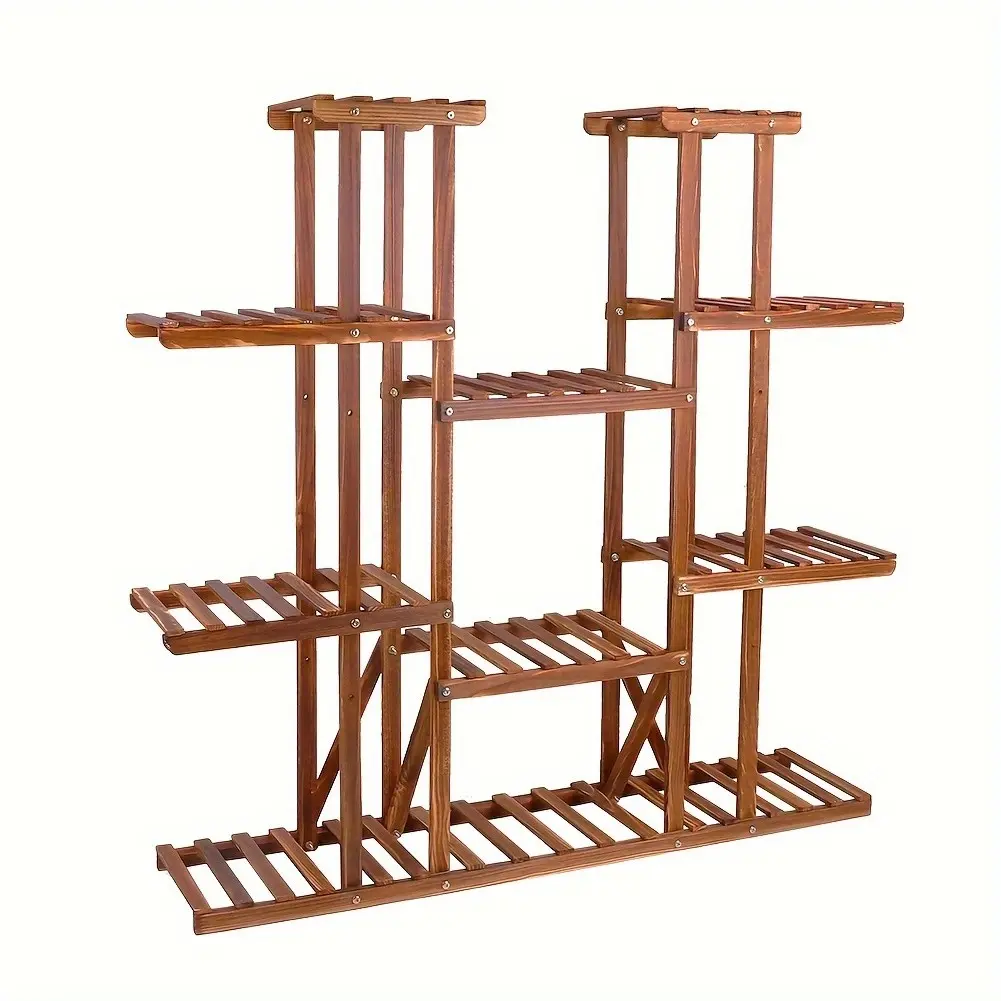 11 Tiers Wooden Plant Stand Large Capacity Carbonized Flower Pots Shelf Holder Bonsai Planters Display Rack for Porch Condo Garden Indoor Outdoor