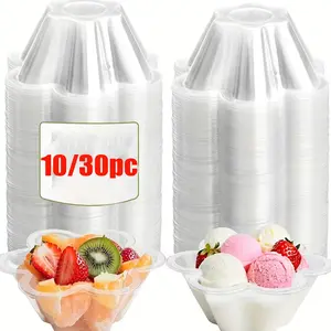 10/30pc Transparent Ice Cream Bowls, Floral Design with Ruffles, Ideal for Ice Cream, Fruits, Cake, Party Snacks, Summer Essentials