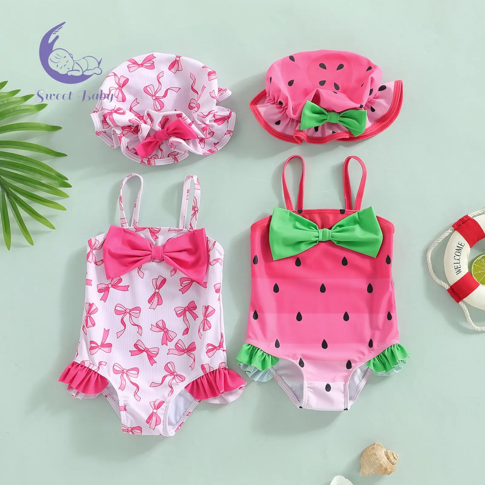 Baby Girl Watermelon Print Spaghetti Strap Sleeveless Cute Swimwear with Matching Hat