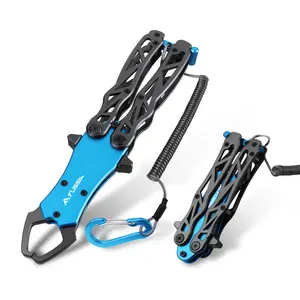 #fathersdaygift FLISSA Folding Fish Gripper with Lanyard, Lightweight Aluminum Fish Grabber, Portable Fish Lip Gripper Holder for Saltwater and Freshwater Fishing