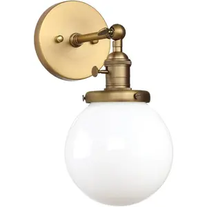 Hardwired Wall Sconce with White Globe, Brass Bathroom Vanity Light with On Off Switch, Vintage Wall Light Fixtures for Living Room Loft Hallway