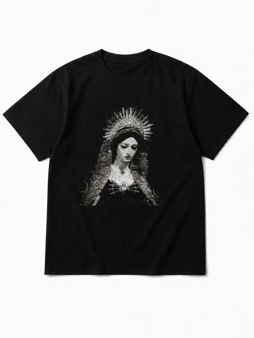 Vintage Monochrome Our Lady of Sorrows Tshirt, Baroque Sacred Virgin Mary Pierced Heart Unisex Cotton Tee, Dark Academia Gothic Religious Renaissance Art Casual Graphic Top