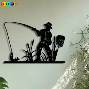 1pc Fisherman with Fish Metal Wall Art, Western Wall Art, Angler with Catch Statue Mural, Artistic Metalwork, Intricate Craftsmanship, Perfect for Fathers Day, Housewarming Decor, Living Room Patio Decor, Ideal Gift for Fishing Enthusiasts