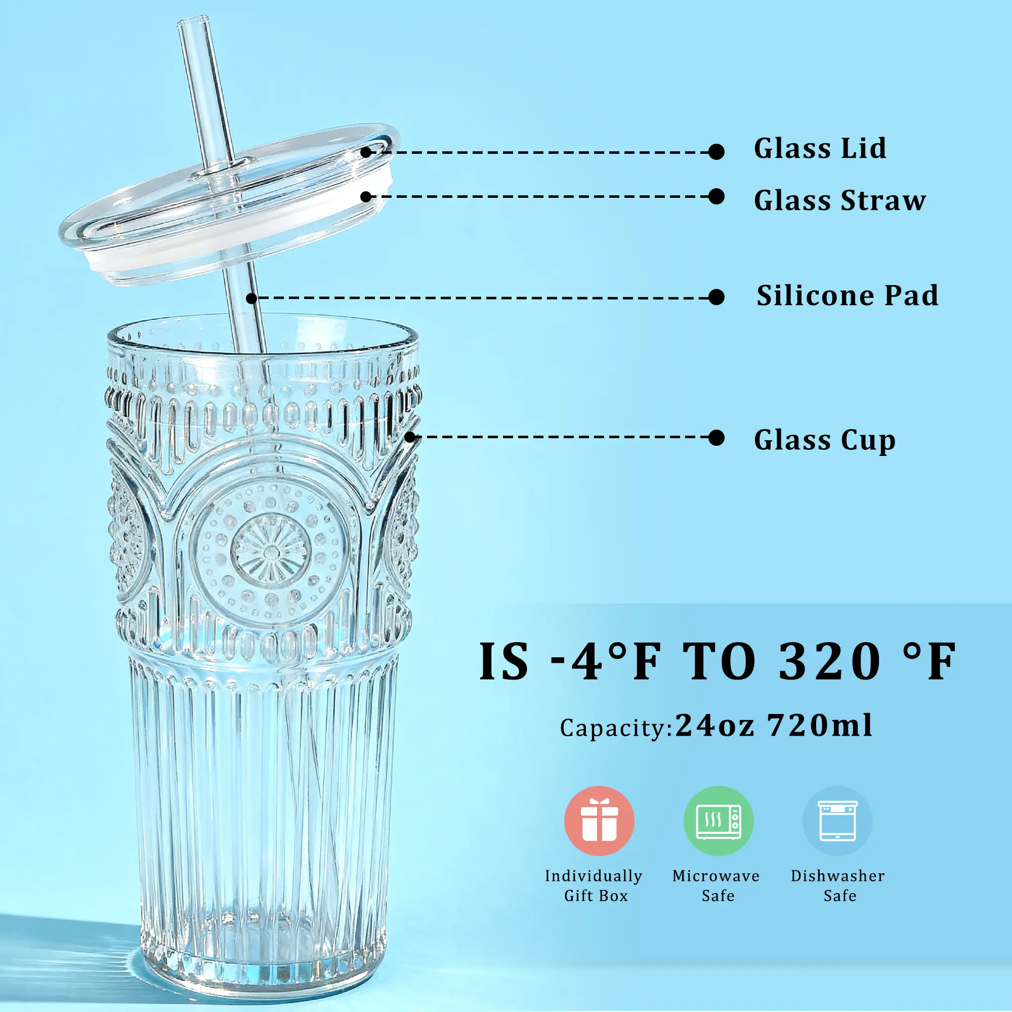 4pcs Glass Iced Coffee Cup with Lids, Glasses With Glass Straws and 4  Brushes, 24 Oz