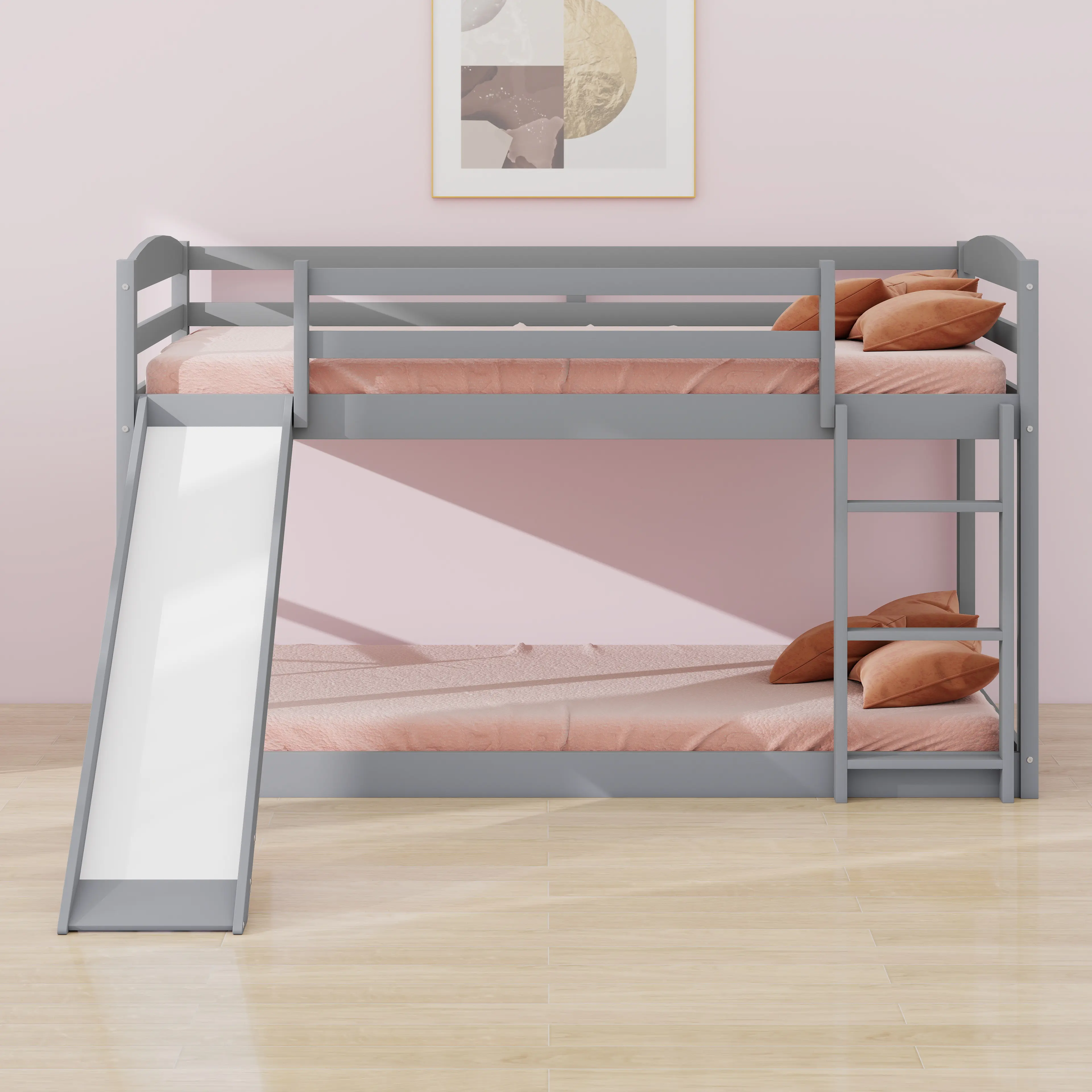 Gray Twin-over-Twin Bunk Bed with Convertible Slide & Ladde