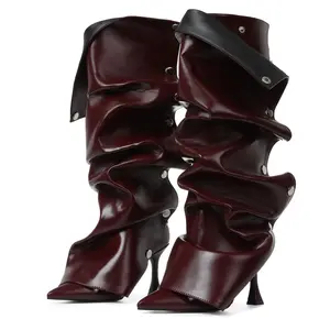 Women's Knee High Boots Stiletto Boots Pointed Toe High Heels Wide Calf Ruched Slouchy Boots Detachable Snap-off Panel Mid Calf Boots Black Boots autumn winter warm walking shoe