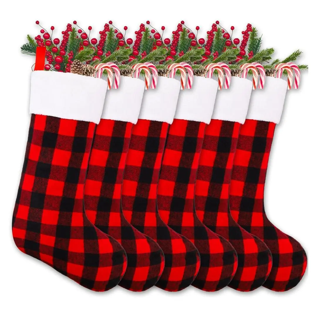 6 Pack 22 Inches Christmas Stockings, Xmas Large Black Red Buffalo Plaid Hanging Stockings Decorations for Christmas Tree Fireplace Family Holiday Party Décor