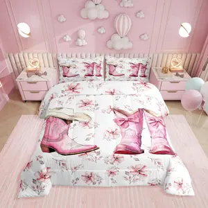 Pink Western Bedding Set,Cowgirl Boot Hat Comforter Set for Girls Kids Teen,Pink Bow Bowknot Rustic Country Farm Floral Comforter
