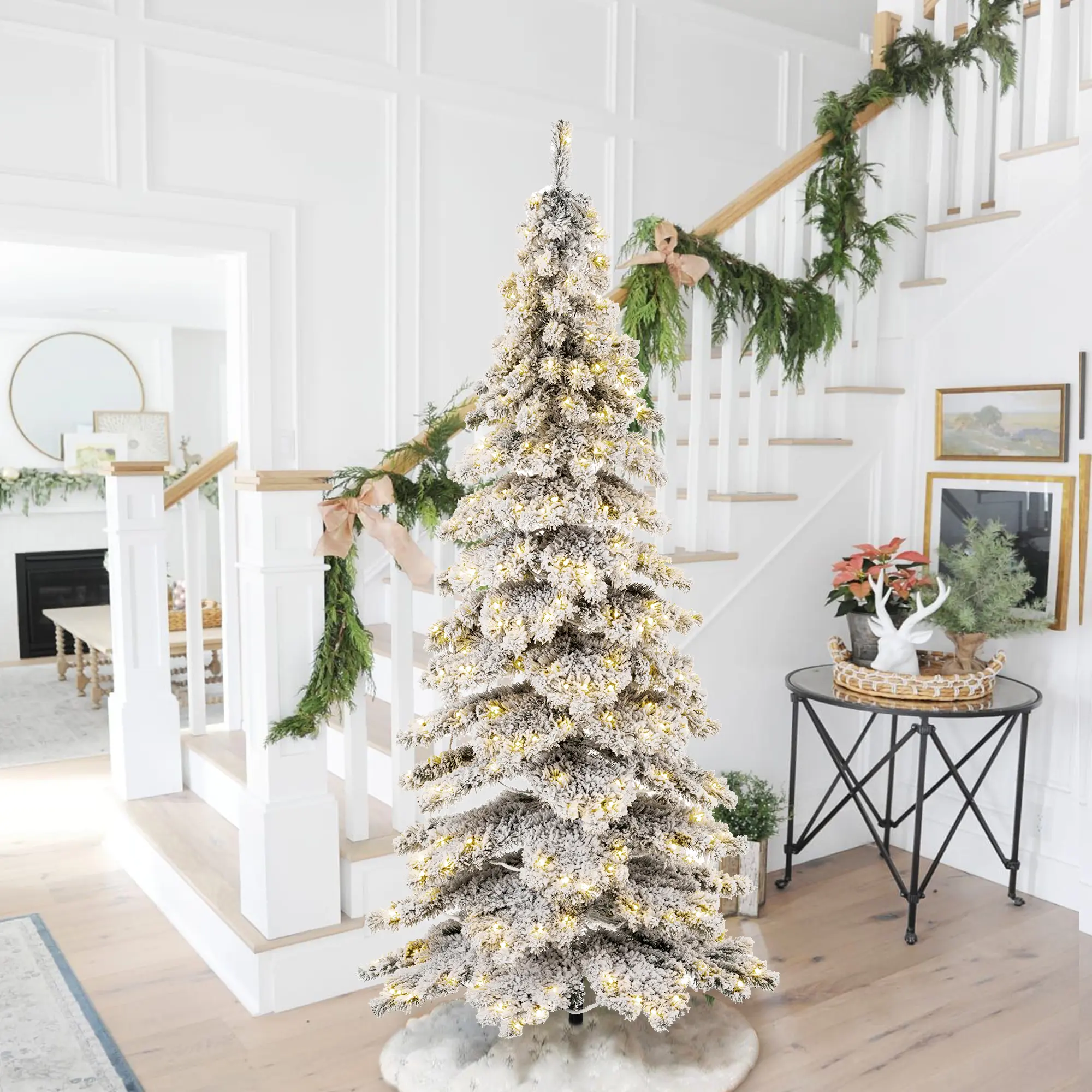 【Christmas in July】 Glitzhome 7.5ft/9ft Pre-Lit Flocked Layered Slim Spruce Artificial Christmas Tree with Warm White Lights,3 Function