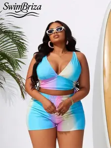 Briza｜V-Neck Stretchy Ombre Tankini Swimsuits Set With High Waisted Bathing Suit Shorts For Plus Size Swimsuits For Women And Tankini With Shorts Comfort With Swim Shorts Set Women In A Two-Piece Swimsuit For Vacation Swimwear For Women