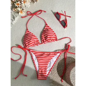 Swim Mod Women Striped Beach Swimsuit Set For Vacation