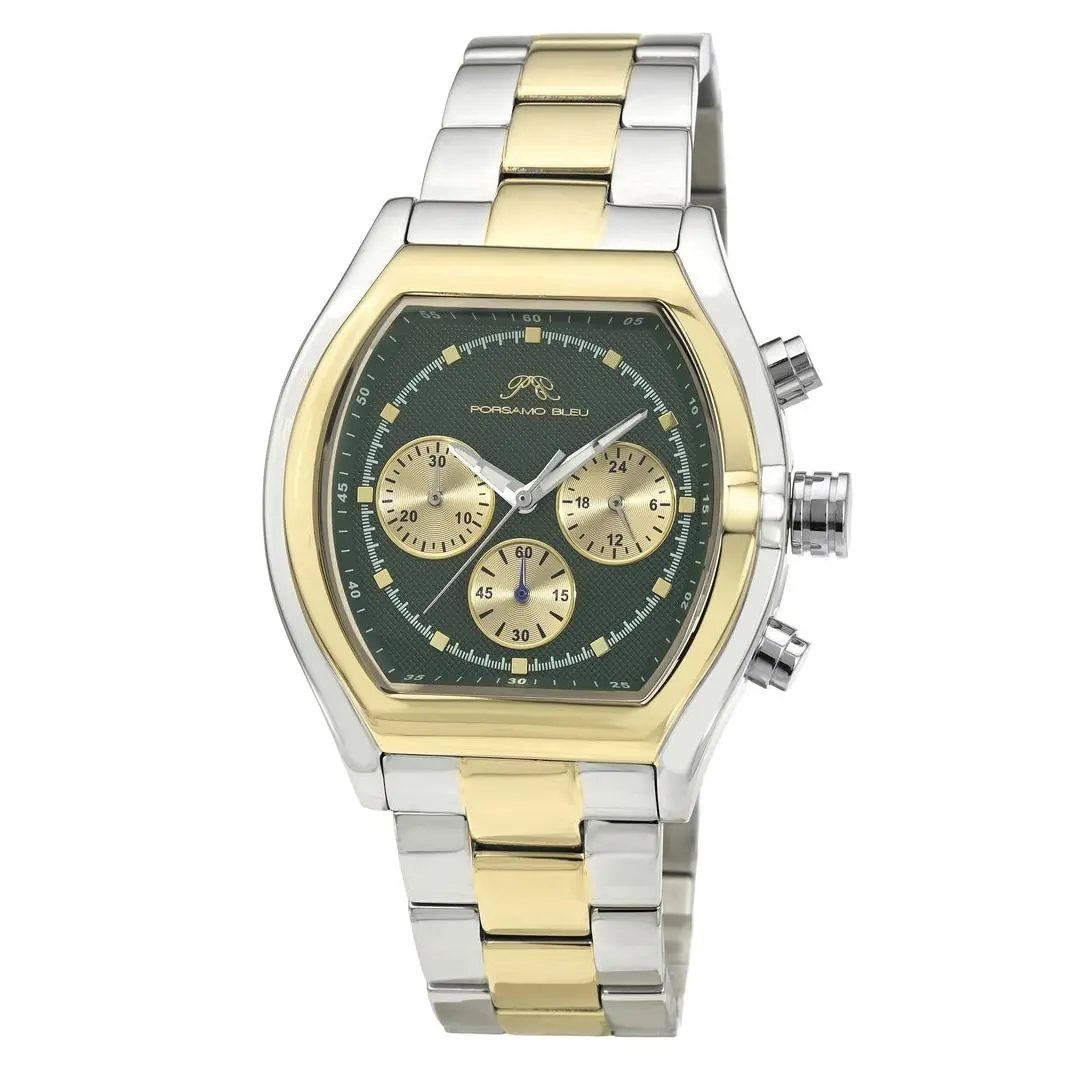 Porsamo Bleu Roman Luxury Men's Stainless Steel Chronograph Watch With Green Dial, Two Tone, 1291FROS