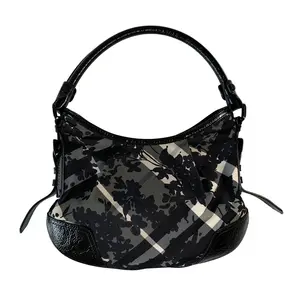 Pre-owned BURBERRY Hobo Shoulder Bags floral black white check bag authentic with COA